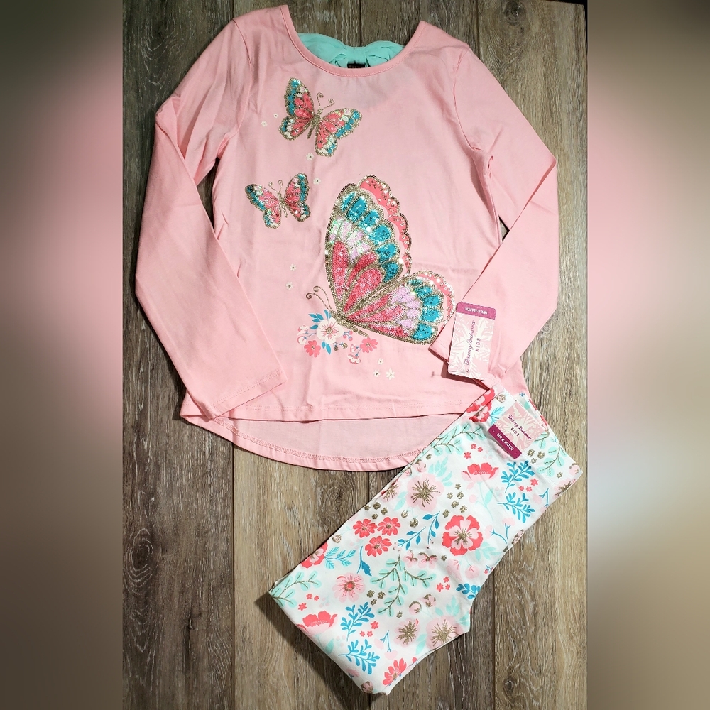 Light Coral Butterfly Sequined Graphic Tee Top & Floral Print Leggings Size 7/8
